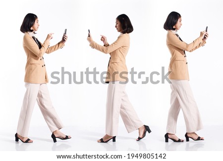 Collage Group Full length Figure snap of 20s Asian Woman black short hair formal blazer suit. Business Office girl walk and check Smart Phone for e-mail meeting over white Background isolated
