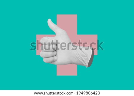 Digital collage modern art. Hand wearing medical glove show thumb up hand sign