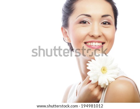 Fresh health asian woman with white gerber, isolated on white
