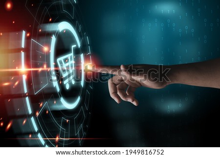 Hand touching to virtual info graphics with trolley cart icons , Technology online shopping business concept. Royalty-Free Stock Photo #1949816752