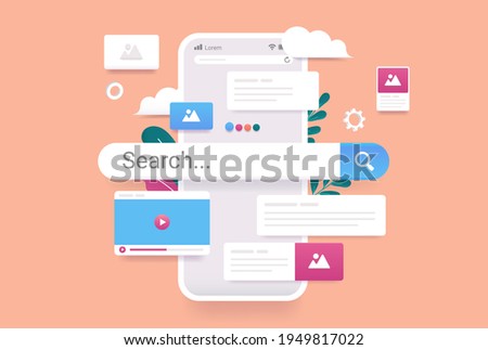 Search engine on smartphone screen - 3d vector illustration of phone with internet search and results popping out. Finding information online concept. Royalty-Free Stock Photo #1949817022
