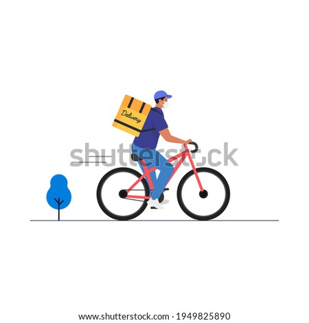Bicycle delivery man. Safe food delivery during quarantine lockdown. Vector
