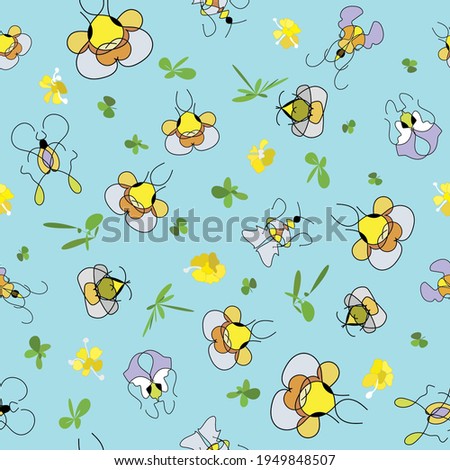 Vector seamless pattern with bees, butterflies, moth in spring or summer garden, mini flowers, grass shapes. Ditsy, small scale. Multidirectional. For kids apparel, medical masks, pets accessories.