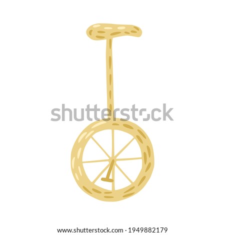 Circus unicycle isolated on white background. Training instrument for ride. Yellow carnival equipment for shows. Design vector illustration.
