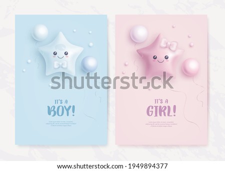 Set of baby shower invitation with helium balloons on blue and pink background. It's a boy. It's a girl. Vector illustration Royalty-Free Stock Photo #1949894377