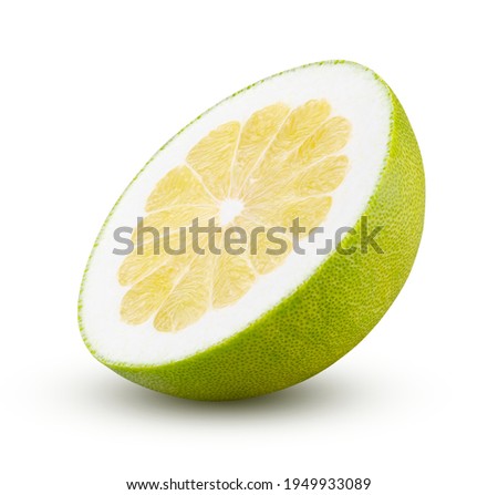 Perfectly retouched half of pomelo isolated on white background. Full depth of field and high resolution. Fruit and diet concept.