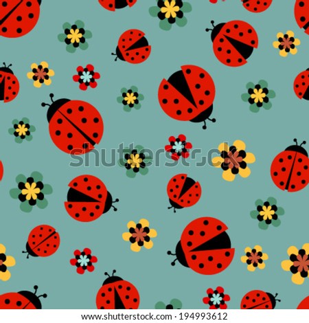 ladybugs with flowers on blue green seamless pattern