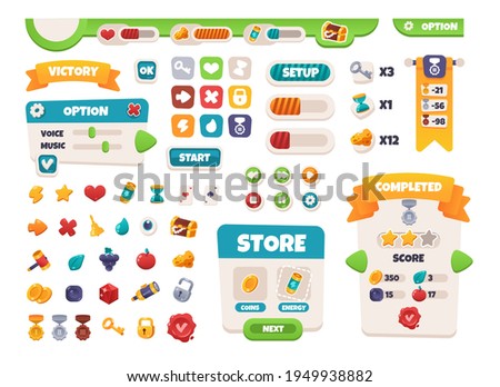 Game UI buttons. Mobile application interface elements. Cartoon colorful design. Progress bar, panel and indicators. Video gaming menu kit. Isolated medals and prizes. Vector arcade set Royalty-Free Stock Photo #1949938882