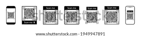 QR code for scan with mobile. Icons of barcode for phone scanner. Digital bar of logo with scan to me. Black qrcode for pay on white background. Coupon for discount. Symbol of marketing. Vector.