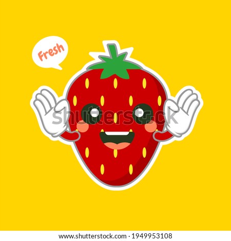 cute and kawaii strawberry fruit character. can be used in restaurant menu, cooking books and organic farm label. Healthy food. Tasty vegan . Organic product. Culinary ingredient.
