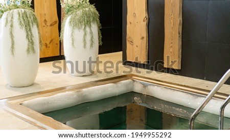 Ice edge on the edge of the plunge bath with very cold water for hardening the body in the sauna complex. Dip in cold water after a hot sauna. Extreme healing of the body with cold water. Royalty-Free Stock Photo #1949955292
