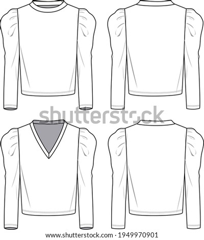 Women's Puff Sleeve Top Set. Technical fashion tops illustration. Flat apparel tops template front and back, white colour. Women's CAD mock-up. Royalty-Free Stock Photo #1949970901