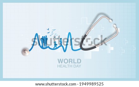 The shadow of a happy family can be seen in the wire of the stethoscope, it's represent World Health Day. Royalty-Free Stock Photo #1949989525