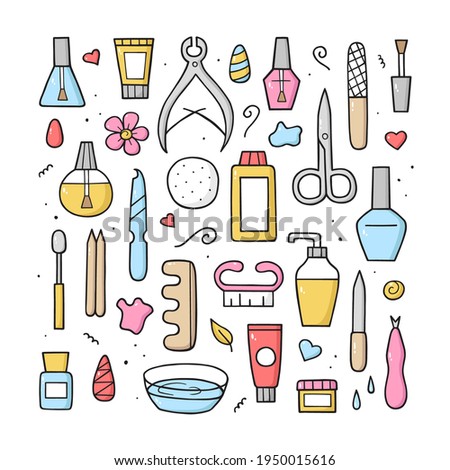 Manicure equipment set. Collection hand drawn different tools. Doodle sketch style. Vector colorful illustration for banner, website, landing page, background.
