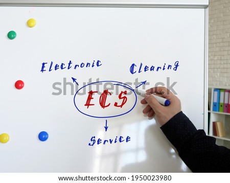 Conceptual photo about ECS Electronic Clearing Service . Male hand is ready for drawing with black marker on the white board
