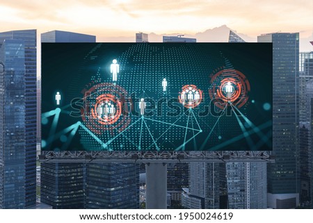 World planet Earth map hologram of social media icons over sunset panoramic cityscape of Singapore, Southeast Asia. The concept of people connections.