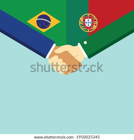 The handshake and two flags Brazil and Portugal. Flat style vector illustration.