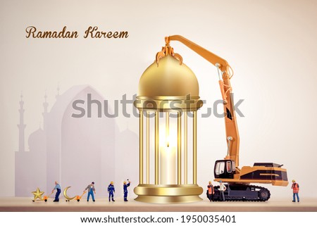 Construction Ramadan kareem, miniature worker people working on a lantern, Ramadan karim holiday concept for business construction companies . construction Ramadan Mubarak