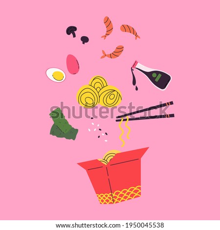 Asian food. Wok menu traditional Ingredients. Restaurant, cafe design element. Banner, flyer. Vector colorful Illustration in flat style. Noodles with traditional Ingredients in a box.