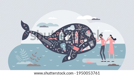 Ocean pollution and plastic concentration as whale danger tiny person concept. Underwater trash and rubbish waste from non recyclable junk as environmental disaster vector illustration. Ecology risk.