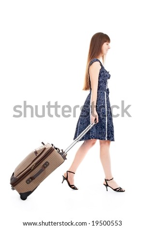 girl with valise isolated on white background