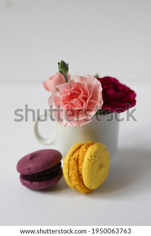 a lot of sweet tasty macaroon desserts in purple pink yellow and green lie on a white background next to flowers in a white cup in pink and purple. for screensavers labels flyers banners invitations