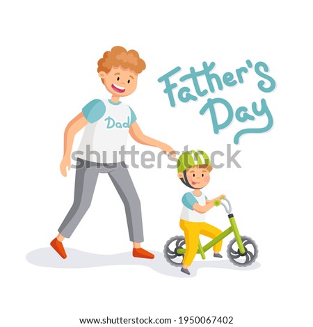 Little boy learning to ride a bike for the first time with his father. Vector family composition for design brochures, flyers, banners and others for Father’s Day.
