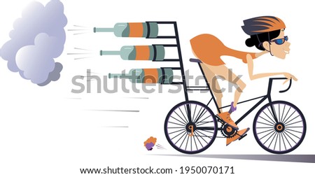 Cartoon young woman rides a bike illustration. 
Smiling woman in helmet and sunglasses on the bike tries to ride faster using bottles with carbonated beverage, champagne or beer isolated on white
