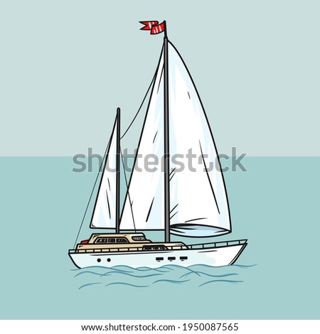 Sailing yacht with white sails in the open ocean. Illustration chic sailing ship on waves. Luxurious yacht race, illustration of sea sailing regatta. Vector