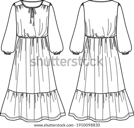 Vector maxi bohemian dress fashion CAD, woman flared round neck long dress technical drawing, template, sketch, flat, mock up. Jersey or woven fabric dress with front, back view, white color Royalty-Free Stock Photo #1950098830