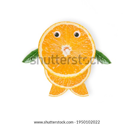 Creative orange fruits character with hand leaves. creative style on white background rich in vitamin C . orange cartoon character