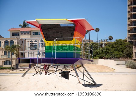 07-06-2020 Long Beach, CA. 1. Exterior picture of the 12th Place Lifeguard Tower that has been painted in rainbow colors.