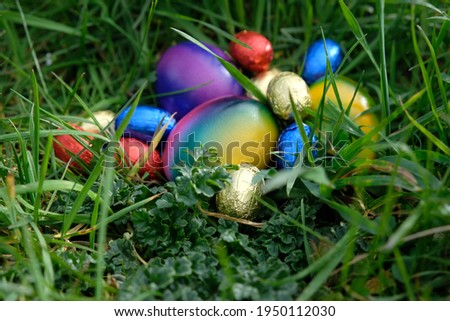 in the fresh green grass lie colorful easter eggs