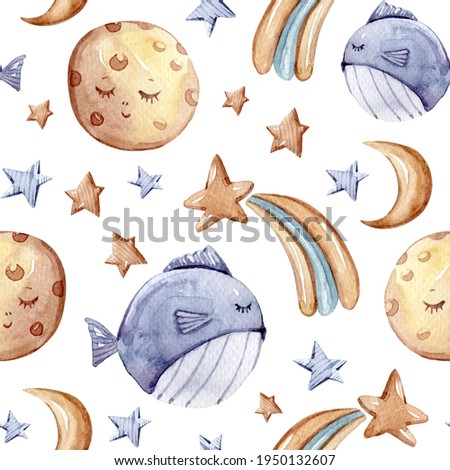 Watercolor hand painted sea life illustration. Seamless pattern on white background. Moon, fish, stars clipart. Perfect for textile design, fabric, wrapping paper, scrapbooking	