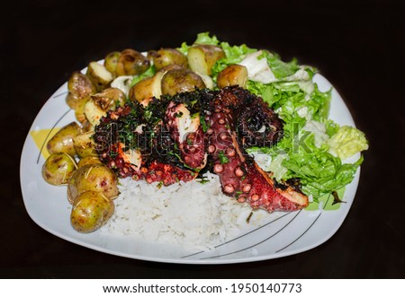 RICE WITH OCTOPUS, WITH SANCOCHADAS POTATOES, LETTUCE SALAD AND CHIMICHURRI SAUCE