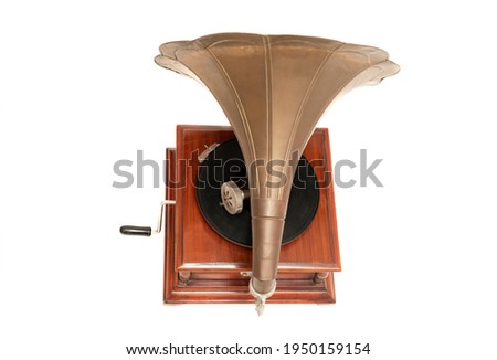 Photos of vintage gramophone isolated on white background. Old record or vinyl music player. 