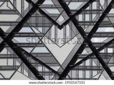 Transparent architectural details. Metal frames, glass panels and blinds on windows. Close-up photo of modern architecture and hi-tech interior design. Geometric background with polygonal pattern.