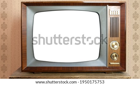old retro analog TV with blank screen for designer, isolated on white background, 1960-1970, stylish mockup, template for video Royalty-Free Stock Photo #1950175753