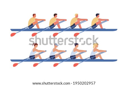The women's and men's rowing teams sail in boats. Concept of competitions in academic rowing. Vector illustration in flat design. Royalty-Free Stock Photo #1950202957