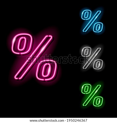 Set of neon percentage sign icons in four different colours isolated on black background. Sale, discount, interest, benefit, business, financial concept. Night signboard style. Illustration.