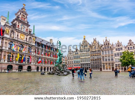 Market square in center of Antwerp with Brabo fountain and City Hall, Belgium Royalty-Free Stock Photo #1950272815