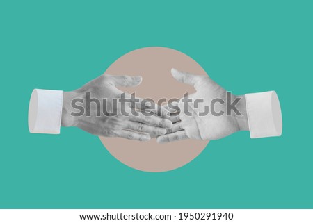 Digital collage modern art. Hands reaching together and shaking. Making peace and cooperate Royalty-Free Stock Photo #1950291940