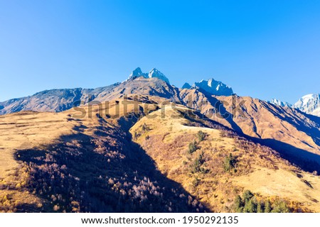Beautiful landscape with Mount Shkhara, Ushguli village Upper Svaneti, Georgia
