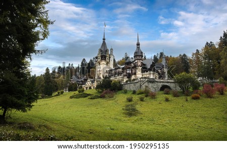 Peles Castle in Sinaia, Romania. Beautiful famous royal castle and ornamental garden landmark of Carpathian Mountains in Europe. Former Home Of The Romanian Royal Family. 