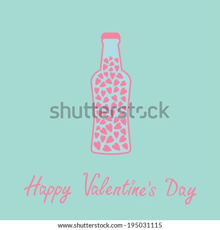 Beer bottle with hearts inside. Blue and pink. Love card. Vector illustration.