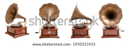 Photos of vintage gramophone isolated on white background. Old record or vinyl music player set of photos from different sides. Royalty-Free Stock Photo #1950315925