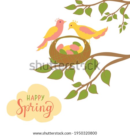 Spring poster. Kids print art. Birds hatch eggs. Vector illustration in yellow, green, grown, pink colors.