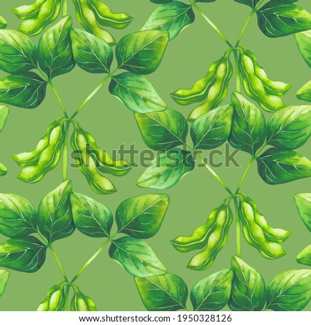 Watetcrolor seamless pattern of soy beans and leaves. Hand painted repeated design