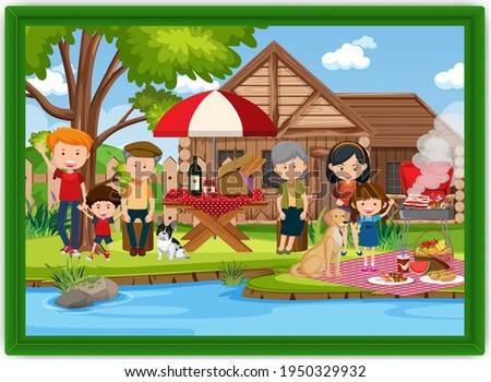 Happy family picnic outdoor scene photo in a frame illustration