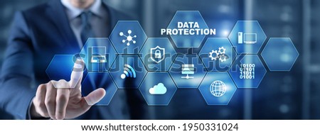 Data protection concept. Businessman pointing on virtual screen with text and icons 3D